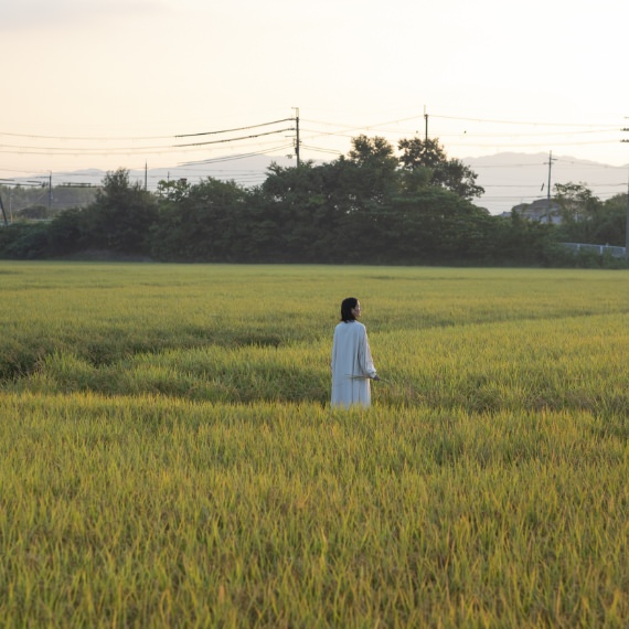 田んぼに佇む女性