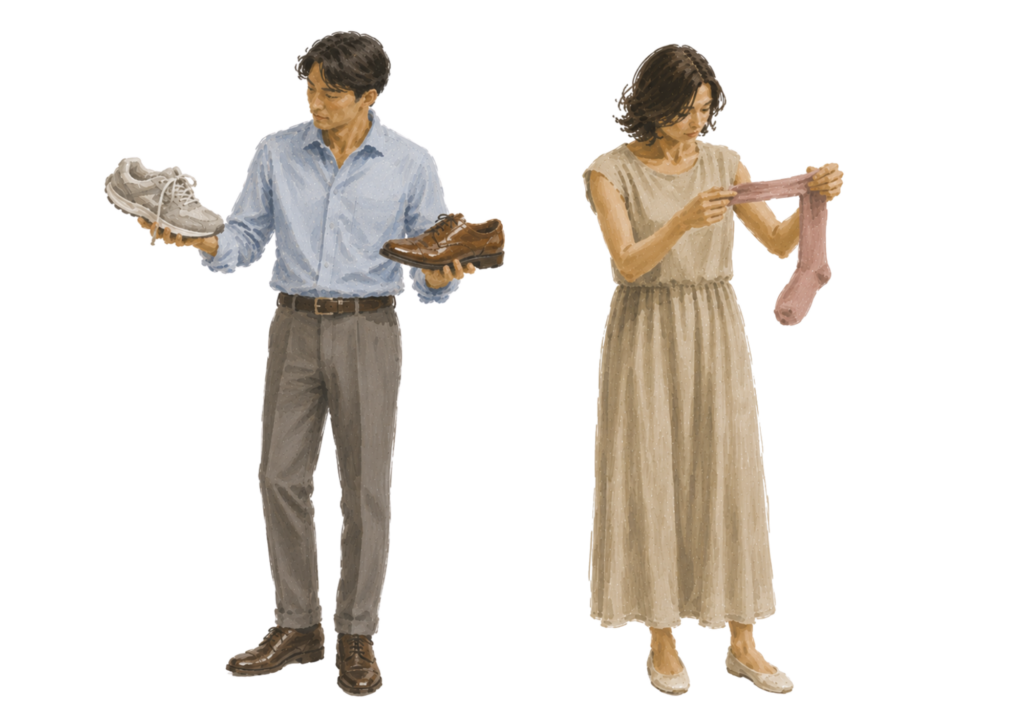 靴と靴下を選んでいる男女のイラスト