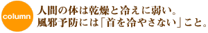 人間の体は乾燥と冷えに弱い。風邪予防には「首を冷やさない」こと。