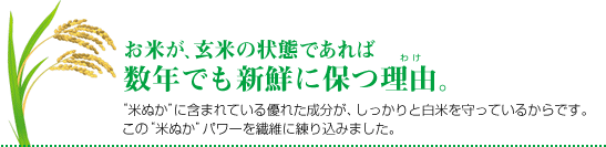 お米が、玄米の状態であれば数年でも新鮮に保つ理由。“米ぬか”に含まれている優れた成分が、しっかりと白米を守っているからです。この“米ぬか”パワーを繊維に練り込みました。