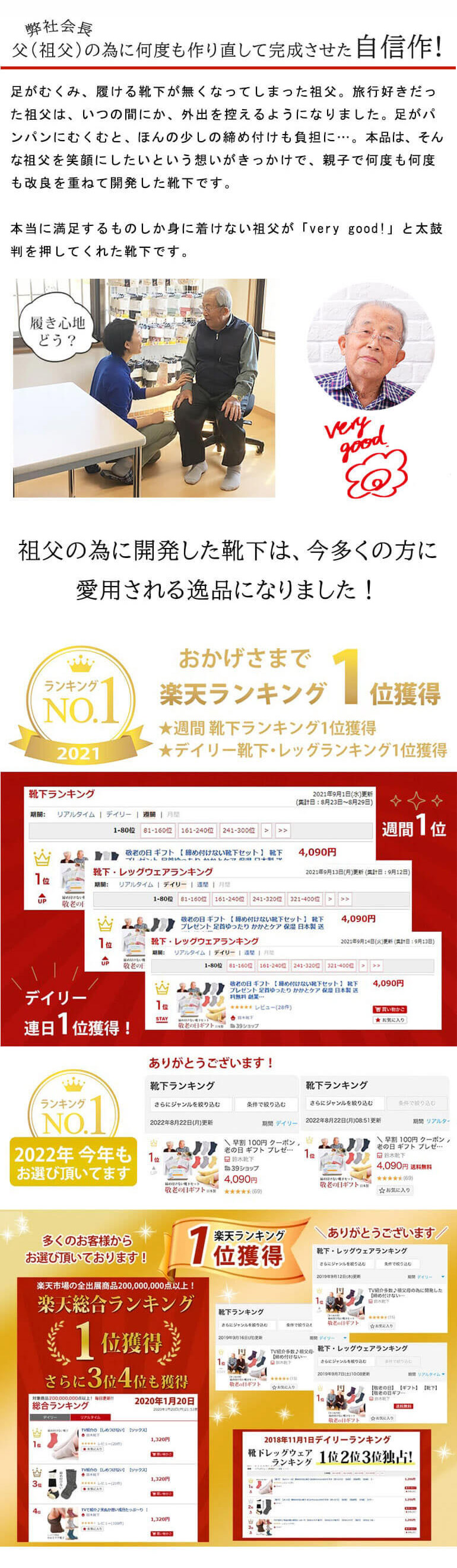 楽天総合ランキング1位と3位獲得の靴下のセット